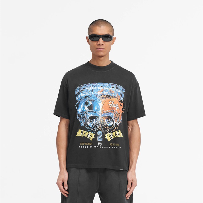 REPRESENT REP美式潮牌足球碗联名限定冰与火做旧水洗夏季短袖T恤