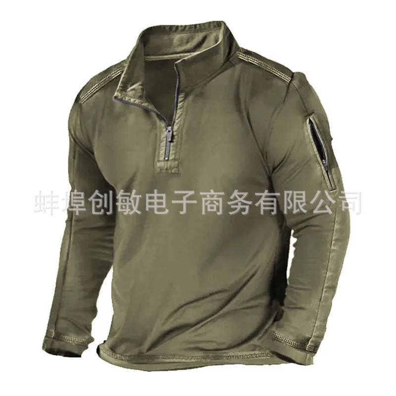 Primavera y otoño Comercio exterior más tamaño de los hombres al aire libre bolsillo con cremallera media cremallera cuello táctico de manga larga Camiseta suéter casual