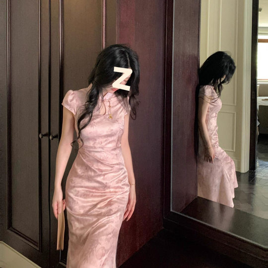 High-end national style stand collar jacquard silk right angle shoulder new Chinese modified short sleeve cheongsam dress a batch
