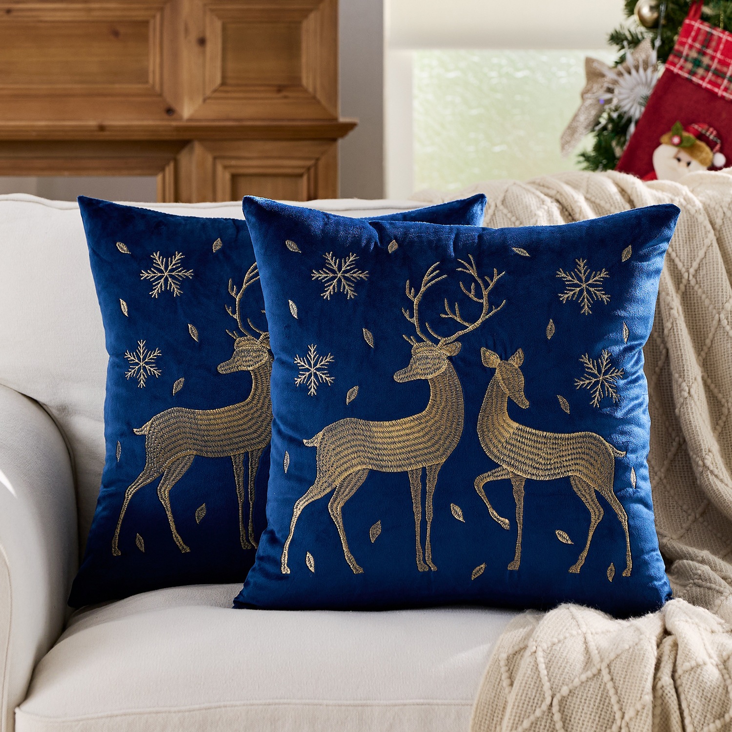 Ventas transfronterizas en caliente de alce árbol de Navidad estampado almohada cubierta de nieve de otoño y invierno bordado estilo de decoración de vacaciones atmósfera cojín cubierta