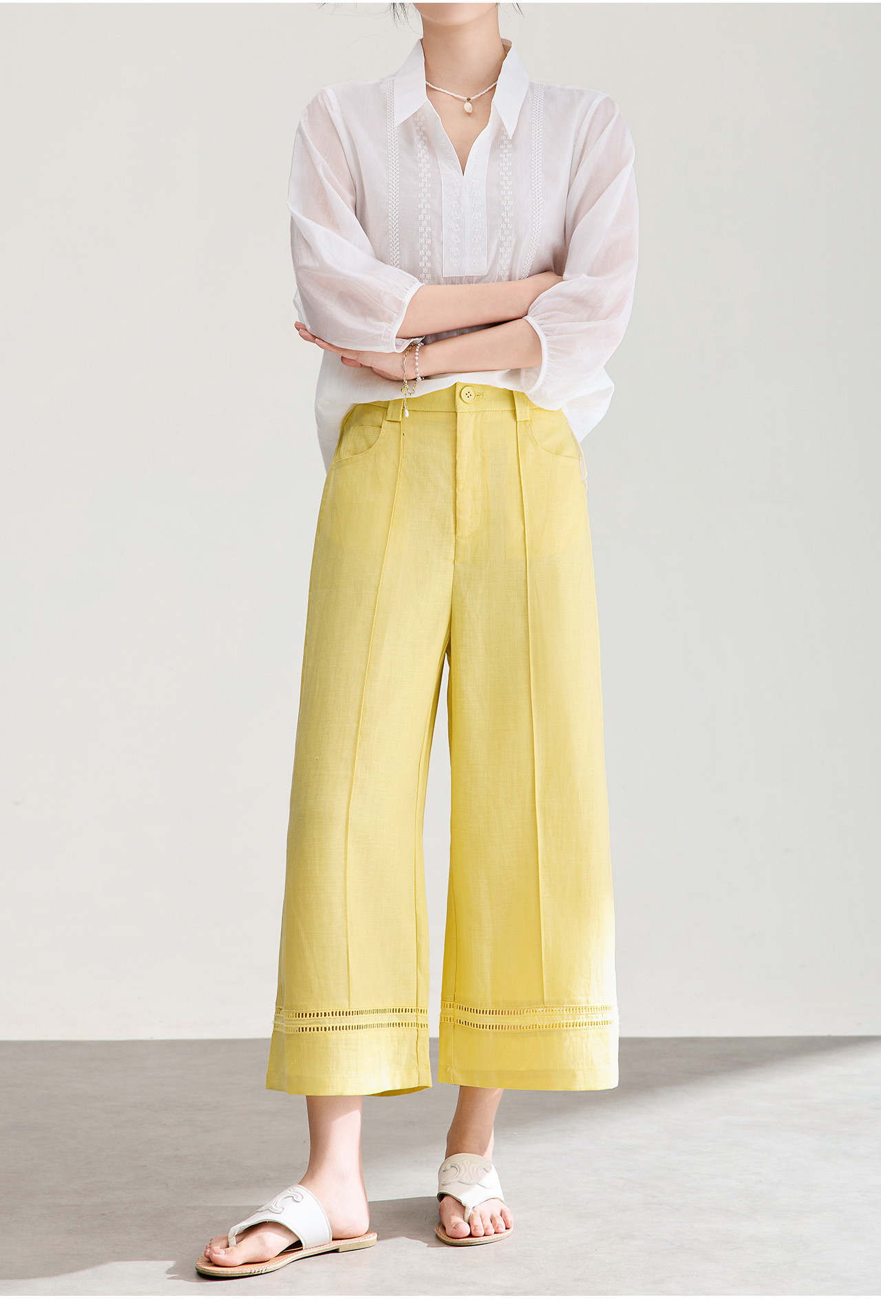 Quần culottes nữ ống rộng dáng dài 9 phần, chất liệu sợi gai dầu mỏng nhẹ mùa hè — màu xanh navy chi tiết 2