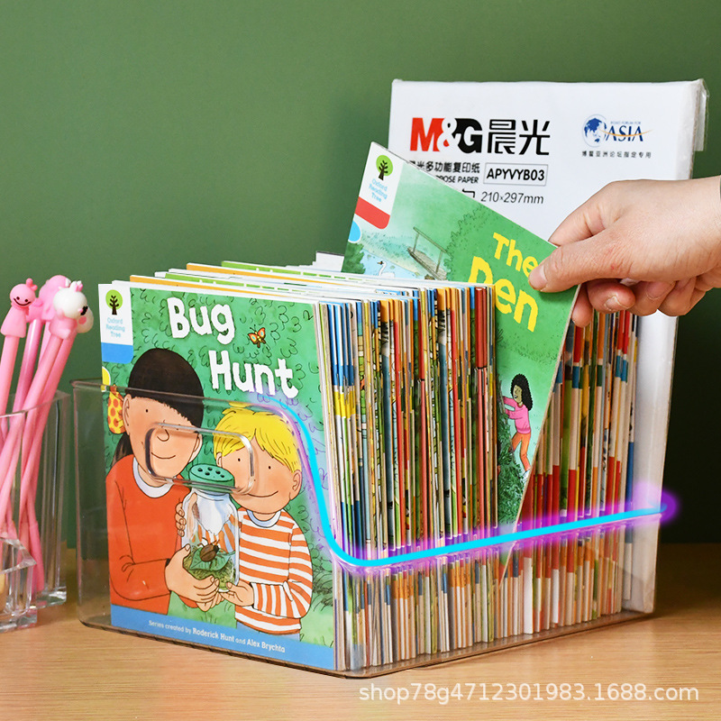 Caja de almacenamiento de libros transparente estudiante niños Foto Libro escritorio organización artefacto Almacenamiento de escritorio estante A4 estantería cesta de almacenamiento