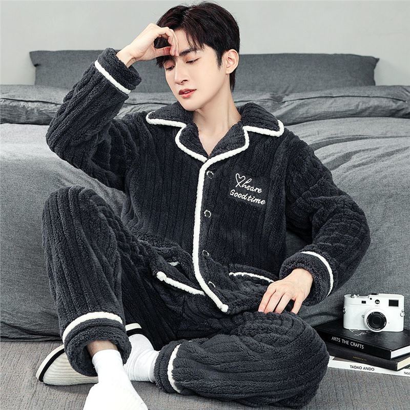 Pijama de lujo ligero de hombre engrosado de franela calentamiento conjunto coreano de mangas largas cardigan coral ropa para el hogar grande otoño