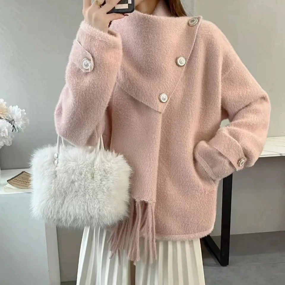 Французский маленький ароматный розовый шарф с допамином свитер куртка женский зимний новый свободный толстый вязаный кардиган