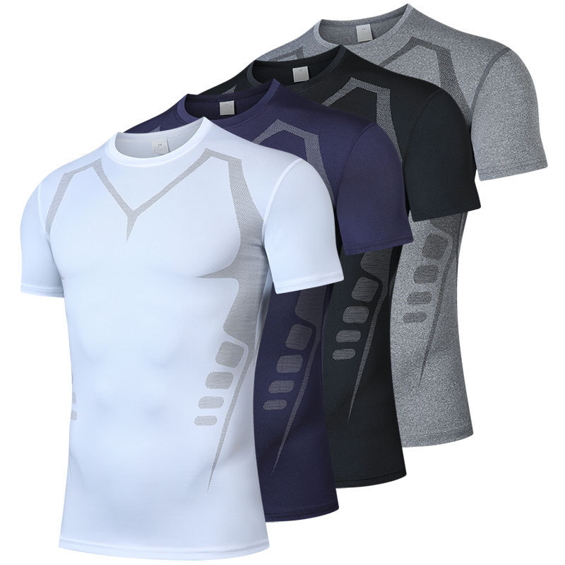 Cross-Border Fitness Clothing, Tight-Fitting Men's Sports Running Short-Sleeved Basketball Training Quick-Drying Shirt, T-Shirt, Fitness, European and American Style, Breathable