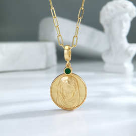 法式复古欧美人物头像天然孔雀石吊坠925银项链高级感饰品定制