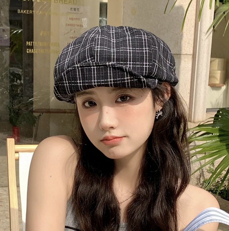 新しい韓国風チェック柄ベレー帽女性用春と夏の森スタイル文学多用途キャスケットハット顔が見える小さな八角形帽子画家の帽子|undefined