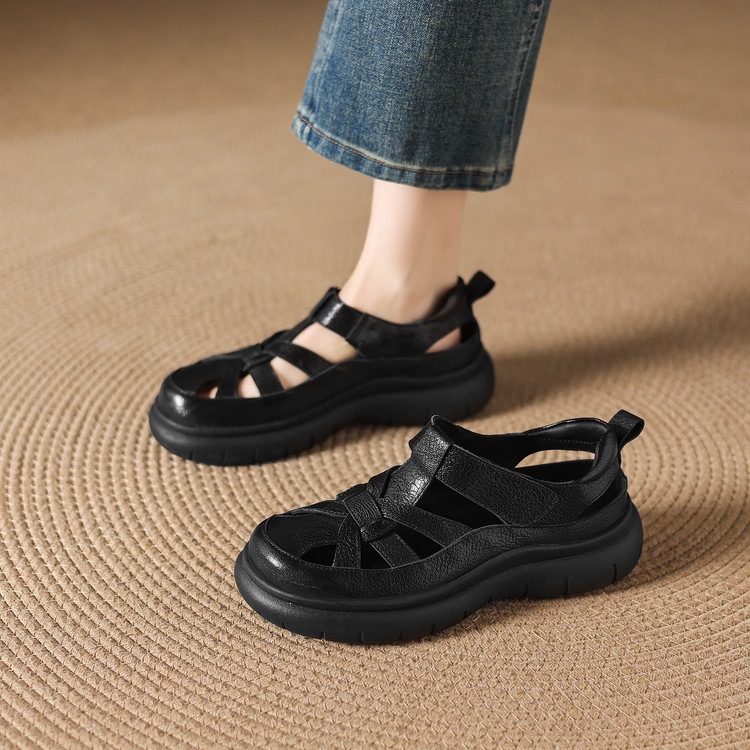 Sandal nữ đế dày da cừu phối quai ngang phong cách học đường — màu đen, màu trắng ngà chi tiết 73