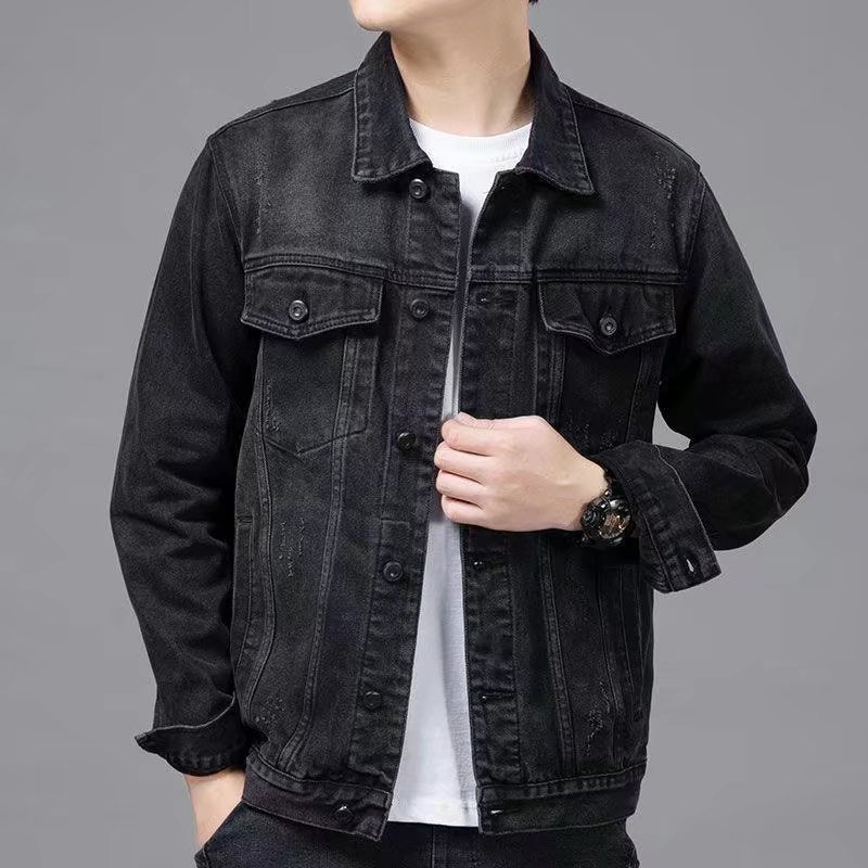 Chaqueta de mezclilla de estudiante bordada de algodón para hombre 2022 primavera nueva chaqueta casual de solapa para hombre negro