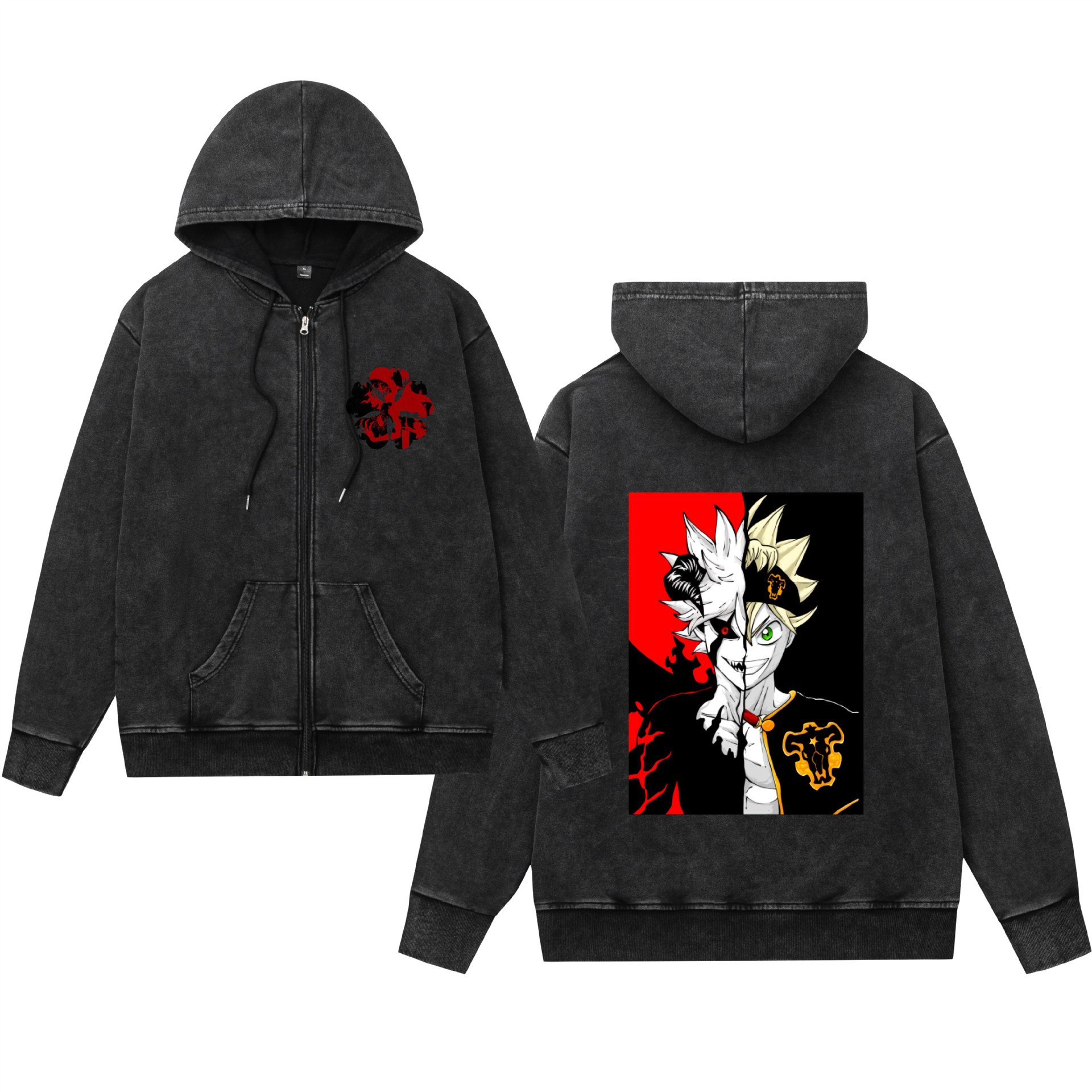 Comercio exterior lavado y desgastado suéter retro con capucha cremallera trébol de cuatro hojas negro estampado hombres y mujeres