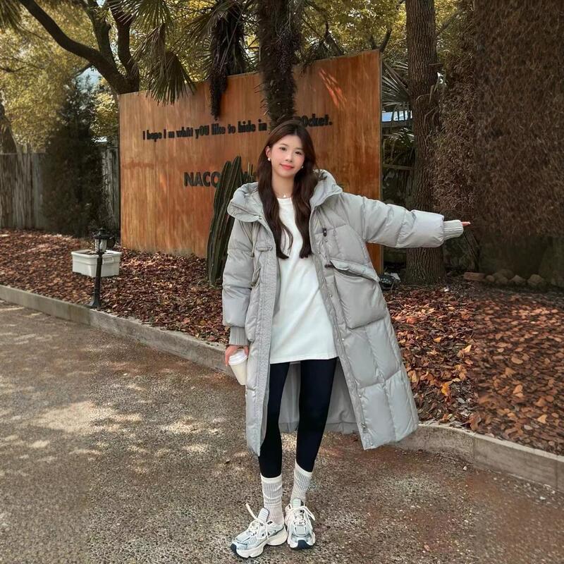 Hooded Mid-length Down Jacket Women's Corner Buckle Button Large Pocket White Duck Down Warm Thickened Over-the-knee Slim Jacket Hooded Mid-length Down Jacket Women's Corner Buckle Button Large Pocket White Duck Down Warm Thickened Over-the-knee Slim Jacket