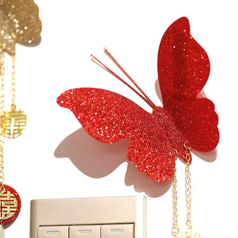 Venta al por mayor decoración de la boda suministros rojo tridimensional simulación mariposa boda habitación decoración dormitorio sala de estar Fondo pared diseño