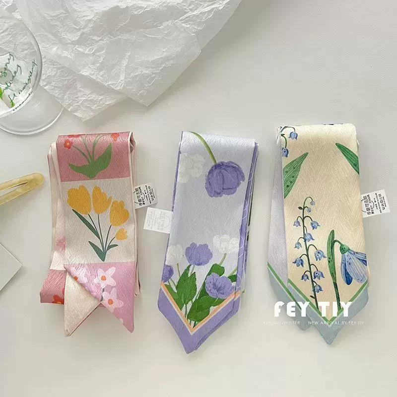 小清新春夏新款丝巾郁金香印花飘带扎发绑包手柄装饰百搭韩系领巾