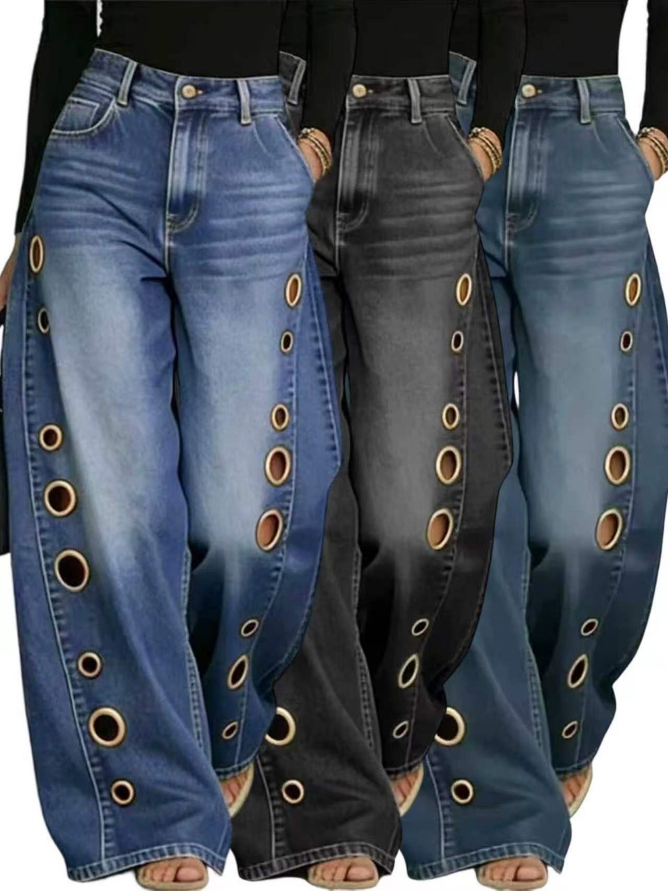 LD2814 Women's Straight Leg Jeans Whiskered Wash Loose Fit Curved Eyelet New Export_mkmklike.com