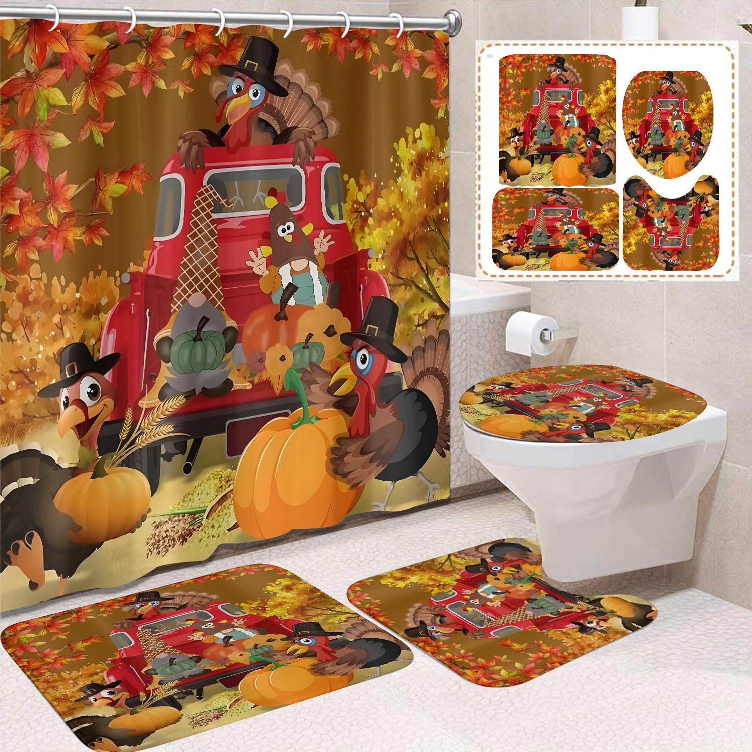 Cortina de ducha de Acción de Gracias, cosecha de otoño, serie de calabaza, cortina de ducha, cortina de baño, cortina de baño impermeable de poliéster, cortina de baño de cuatro piezas image 9