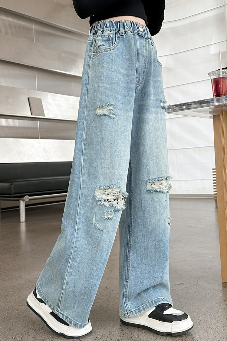 Girls 25 Spring Ripped Label Denim Wide Leg Pants 2515 New Children's Miscellaneous European And American Jeans_voghion.com