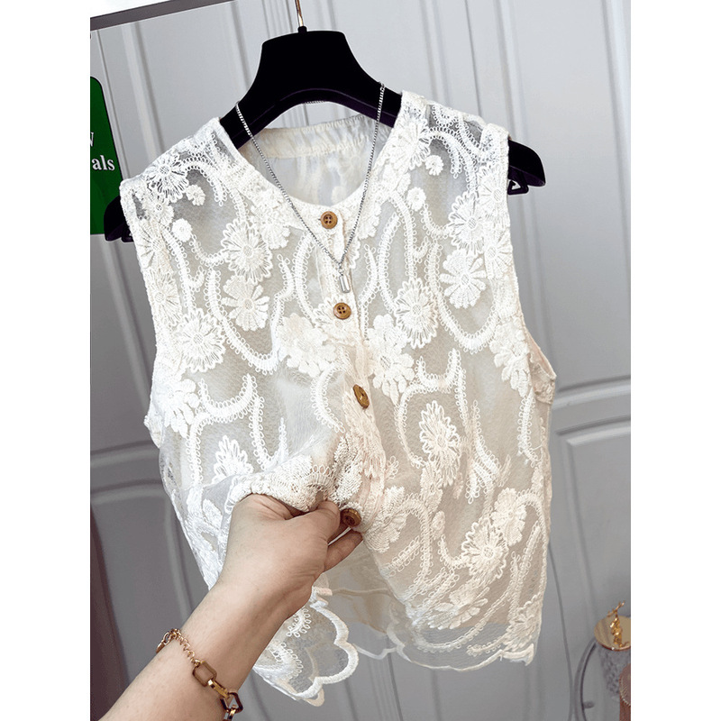 High-end Elegant Short V-neck Sleeveless Shirt Women's Summer Thin Outer Wear Lace Vest Shirt French Style Trendy Top