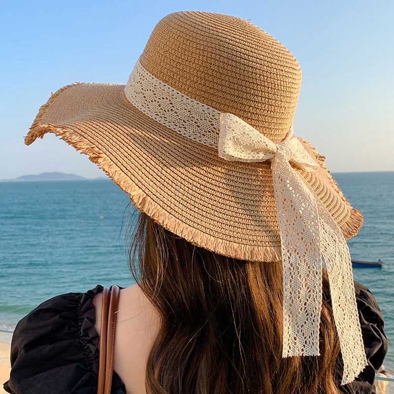Sombrero de paja con lazo – estilo veraniego, ala ancha, para playa o vacaciones al aire libre