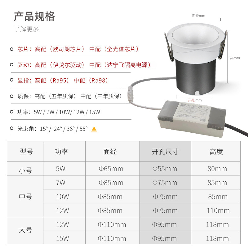 Pequeña colina proyector incrustado taza profunda antideslumbrante COB downlight casa inteligente LED luz sin cabeza Full Spectrum Spotlight protección