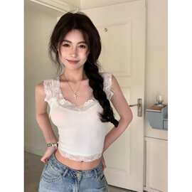 甜辣妹蕾丝花边拼接蝴蝶结吊带背心女外穿夏季新款修身性感短款t