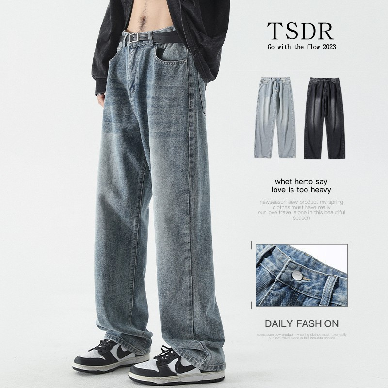 Jeans Men's Four Seasons regular loose straight wide-leg trousers men's American fashion brand tooling casual pants men's