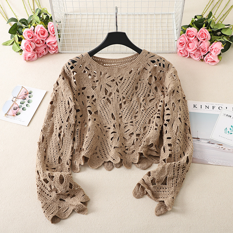 French Crochet Hollow Knitted Shirt Long Sleeve Women's 2024 Early Autumn New plus size chubby girl Outer Blouse Retro Top