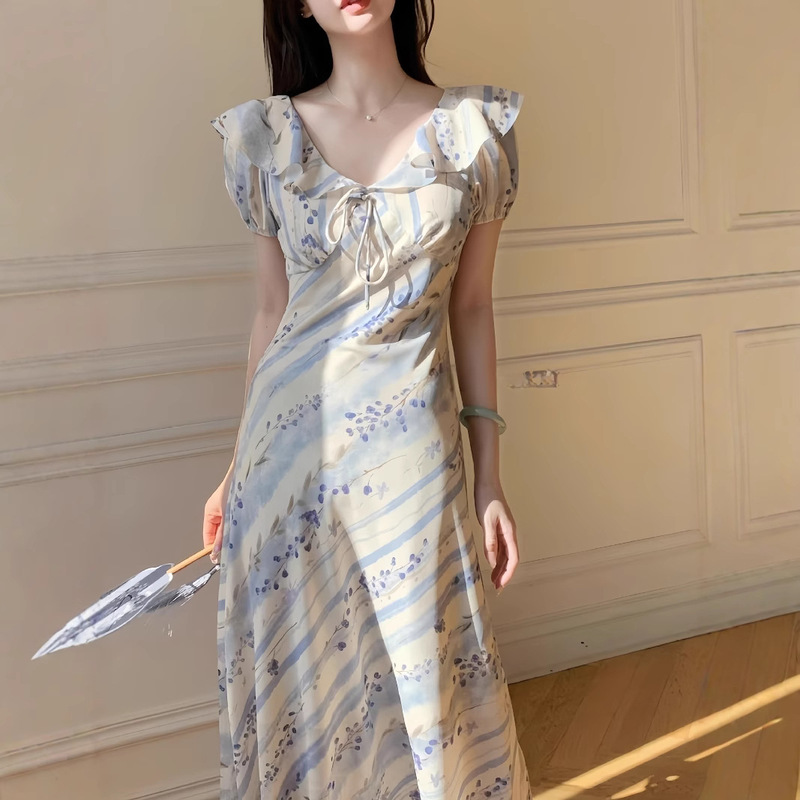 2025 New Summer Style French Bias Cut [Wisteria Flower] Lotus Leaf Collar Printed Elegant Long Dress