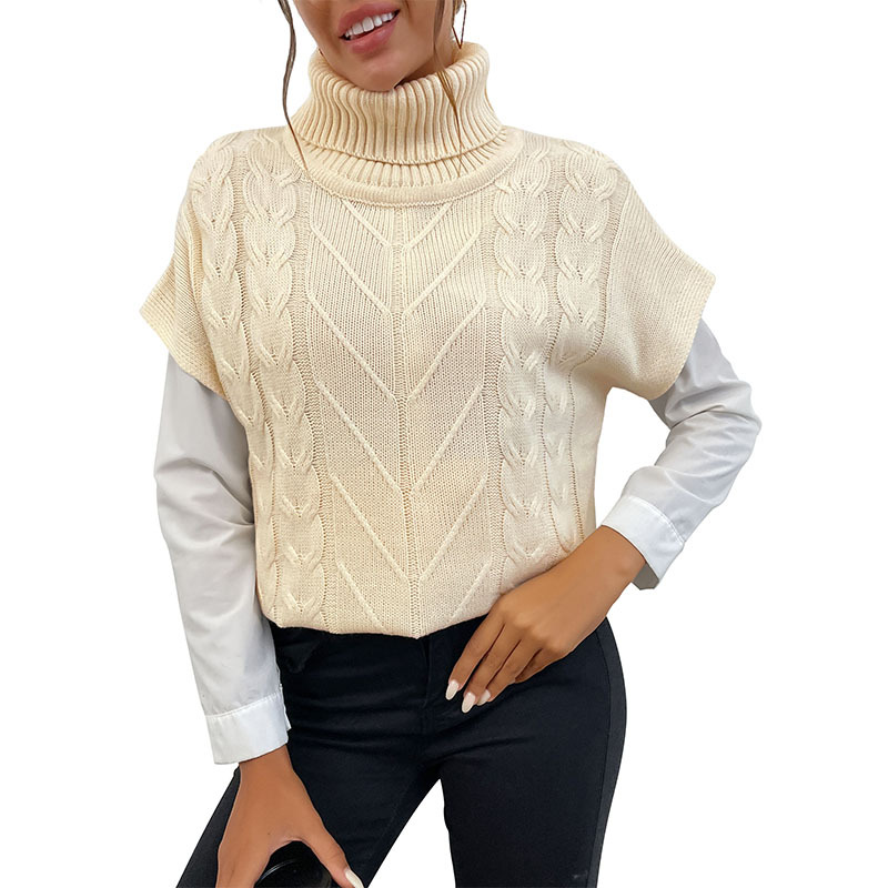 Solid Color Knitted Twist Turtleneck Short Sleeves Sweater Pullover_voghion.com