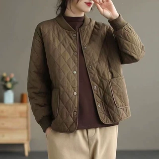 短款棉衣秋冬季菱格2026冬季新款棉袄轻薄妈妈纯色棉服外套女