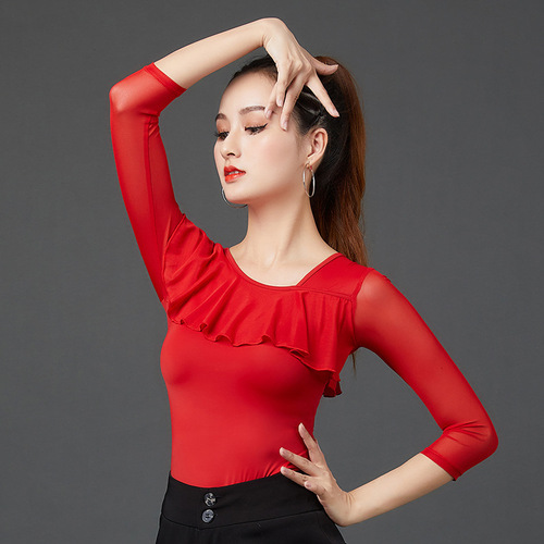 Slant neck black red royal blue Dance Latin dance tops for women girls female adult modern companionship squareLatin Ballroom dancing shirts for woman