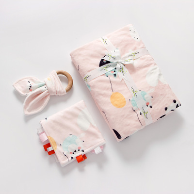 亚马逊新款婴儿毯抱被新生儿豆豆毯 盖被宝宝安抚巾 磨牙棒三件套