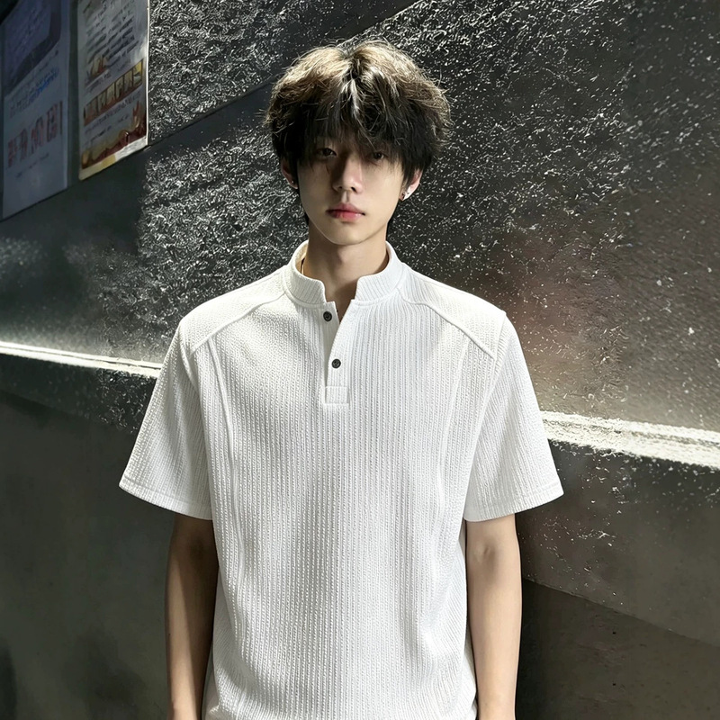 Henley collar short-sleeve men's polo shirt, summer textured ice silk t-shirt, high-end cleanfit, regular shoulder half-sleeve Henley collar short-sleeve men's polo shirt, summer textured ice silk t-shirt, high-end cleanfit, regular shoulder half-sleeve