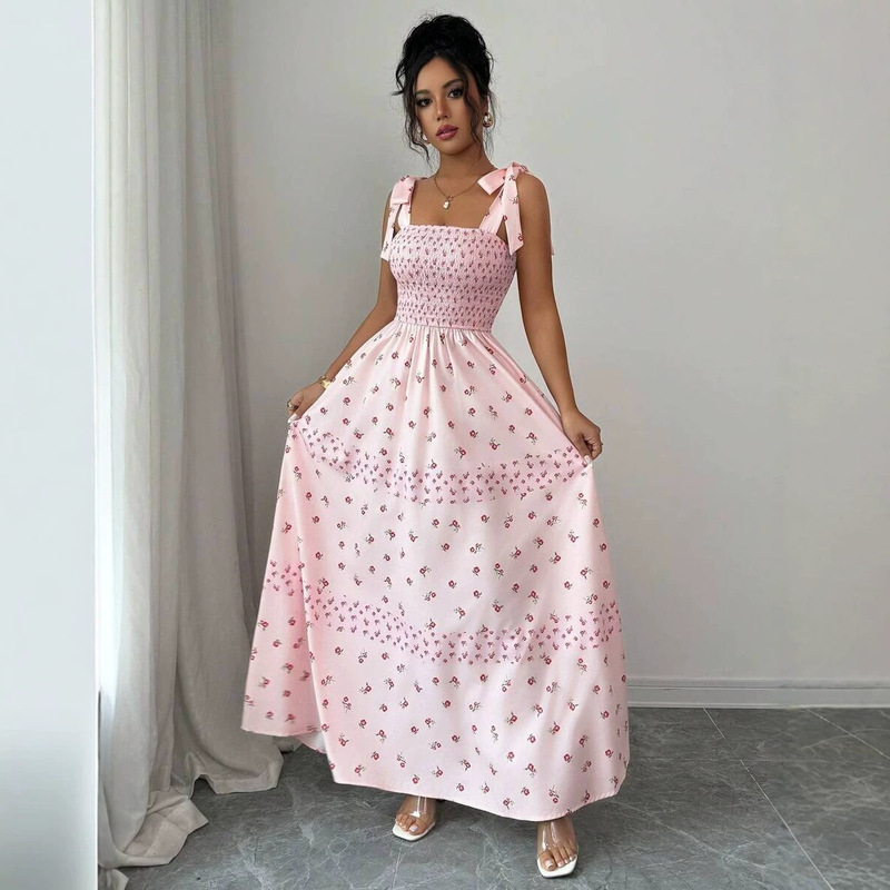 2026 European and American Cross-Border New Women's Elegant Pleated Waist Floral Flared Dress Sleeveless Flowing Dress