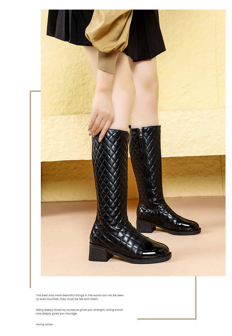 Xiaoxiang style sleeve dia grid high 2024 new autumn and winter round toe thick, unable to keep up with the knee knight_voghion.com