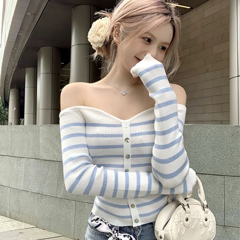 Striped off-shoulder long-sleeved sweater women's spring French pure sexy hot girl slim-fit short tube top Striped off-shoulder long-sleeved sweater women's spring French pure sexy hot girl slim-fit short tube top