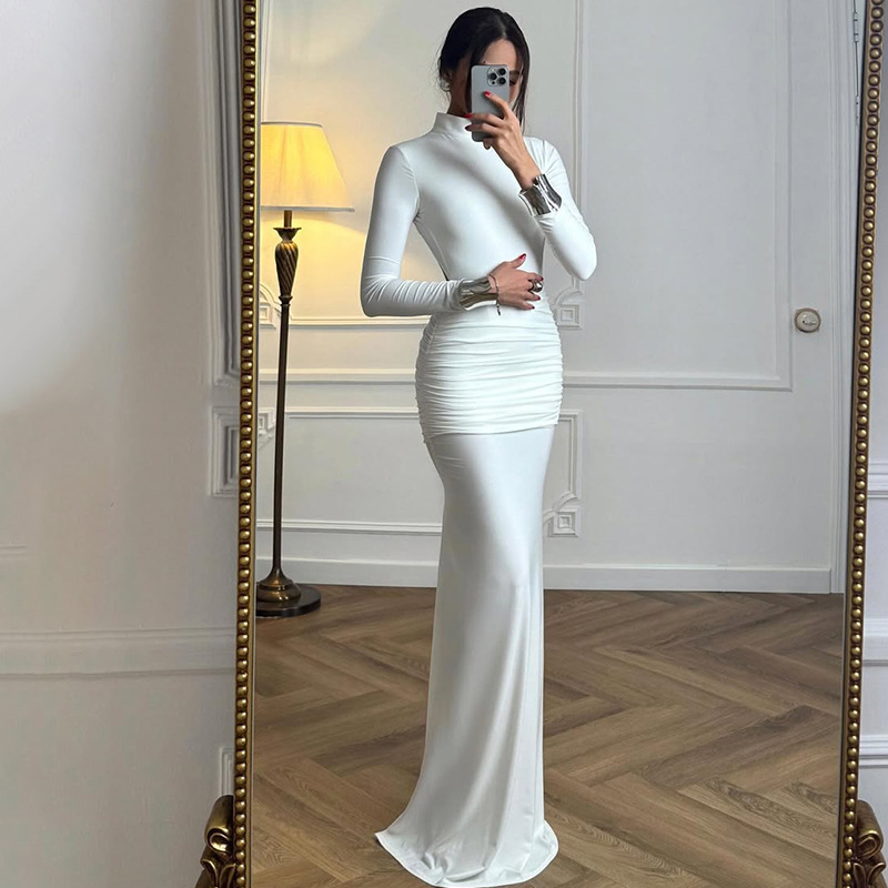 European and American Women's Clothing 2025 New Autum Pure Color Long-Sleeved Slim Fishtail Long Skirt Buttoned Backless Fashion Dress for Women