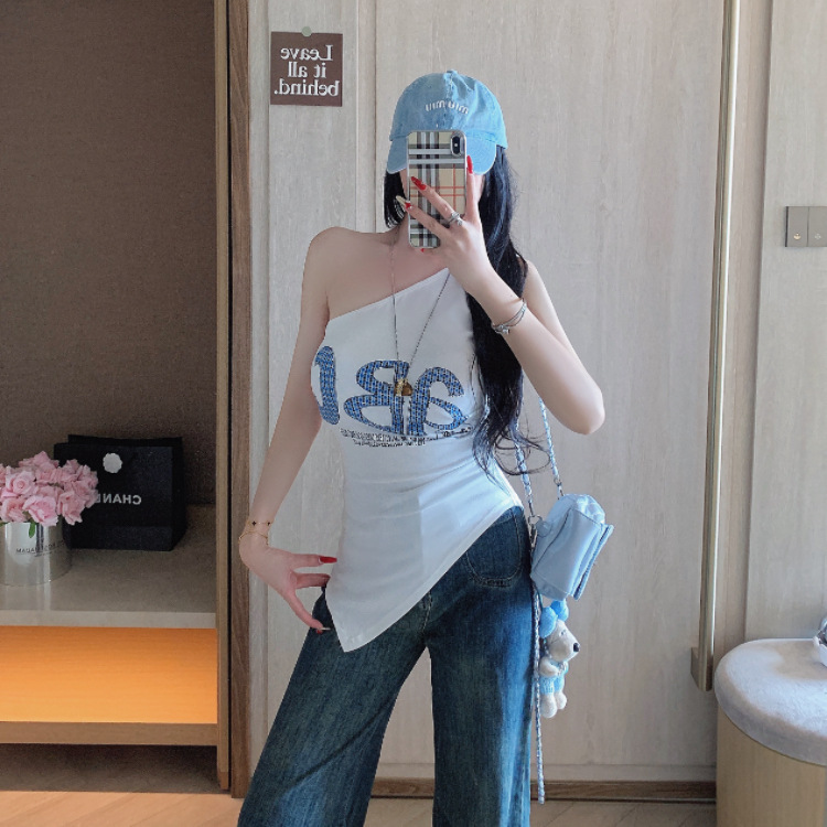 街头风辣妹斜肩不规则吊带背心女夏季内搭美背文胸一体带胸垫上衣|undefined