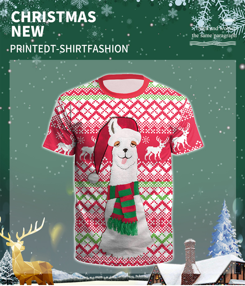 Christmas Women Alpaca Pattern Digital Print Round Neck Short Sleeve T-Shirt NSNDB71143