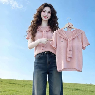 海军风甜美温柔粉色圆领披肩修身短袖T恤女夏季穿搭2026减龄上衣