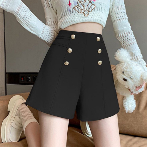 Double-breasted black high-waisted slim-fitting 2025 summer suit shorts for outerwear, stylish and slimming casual pants