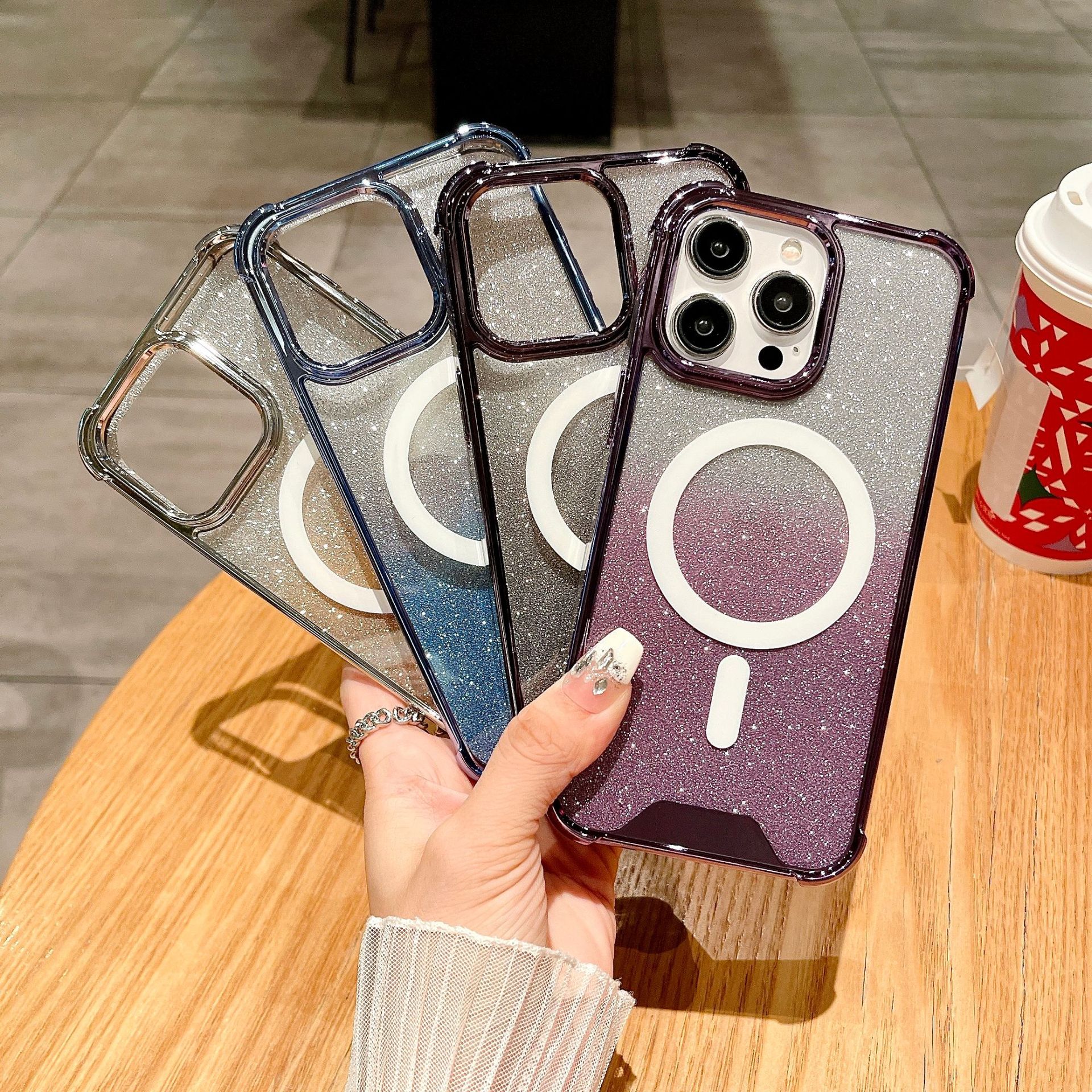 Suitable for iPhone 15 electroplated magnetic suction charging Apple 14 glitter paper acrylic four corner anti drop_voghion.com