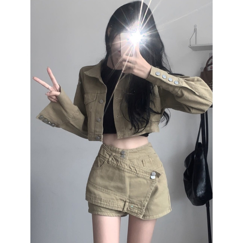 美式復古不規則設計牛仔套裝女休閒時尚百搭工裝長袖短褲兩件套潮