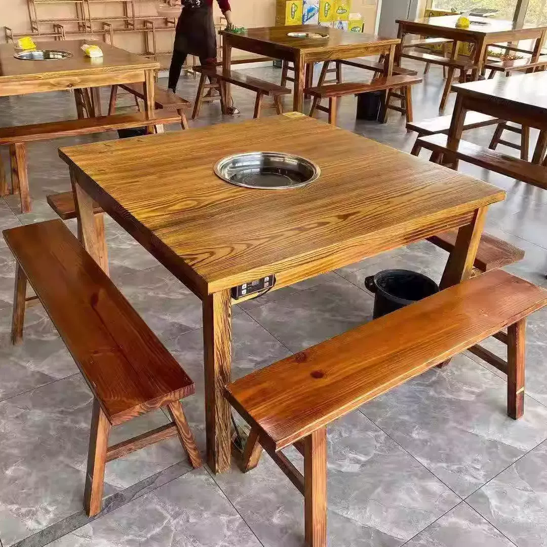 实木火锅桌电磁炉饭店小吃八仙桌农家乐大排档桌椅商用方桌火锅桌