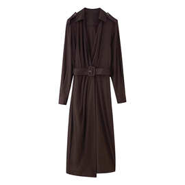 ZR女装 欧美风2025秋新款高级感显瘦配腰带双襟长袖迷笛连衣裙36