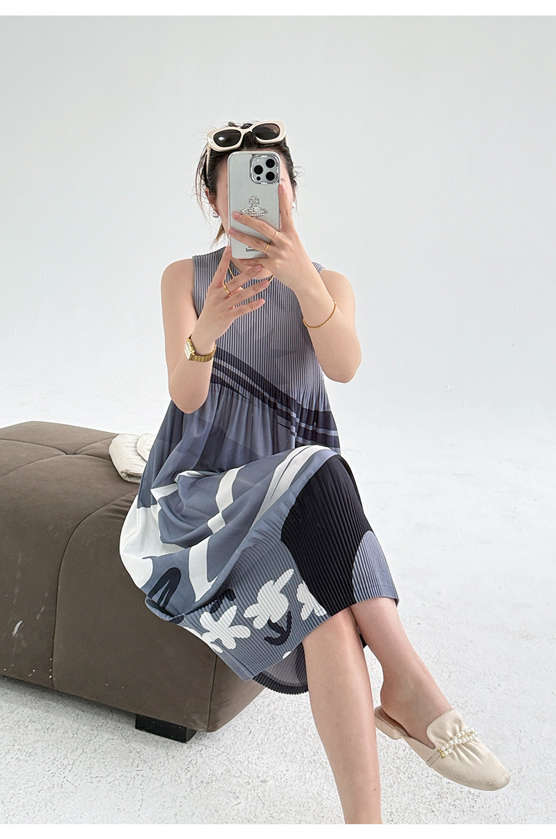 Váy liền không tay in hoa xếp nếp dáng suông mùa hè — Màu xanh ngọc chi tiết 19