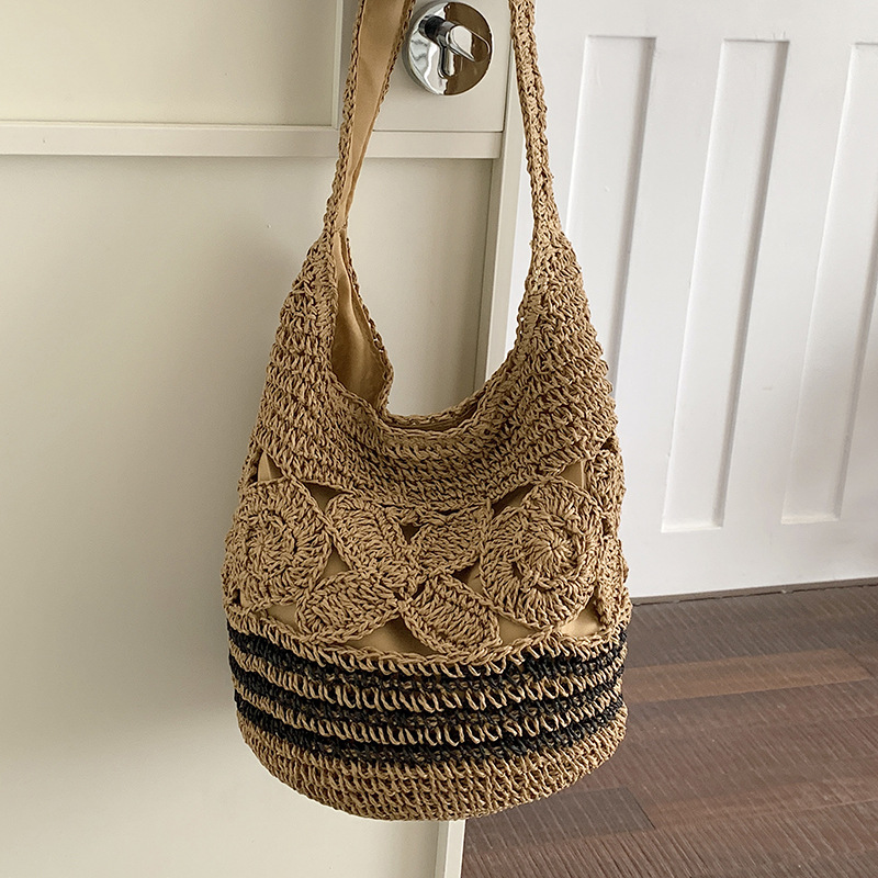 Storage Basket Bag, Rattan Handbag, Woven Shoulder Bag, Handmade Natural Rattan & Seagrass, Leather Trim, Eco-Friendly, Lightweight, Durable For Daily_voghion.com