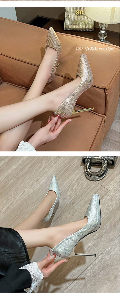 Giày cao gót nữ mũi nhọn gót nhọn siêu cao có đế chống thấm, phong cách quyến rũ — Màu vàng chi tiết 10
