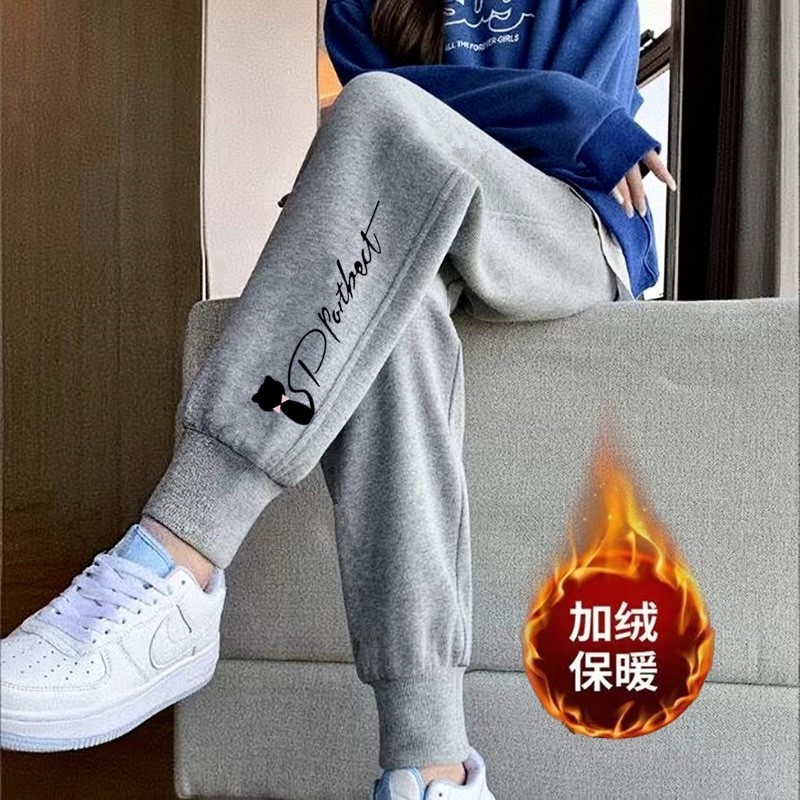 작은 검은 고양이 나사 입 회색 바지와 벨벳