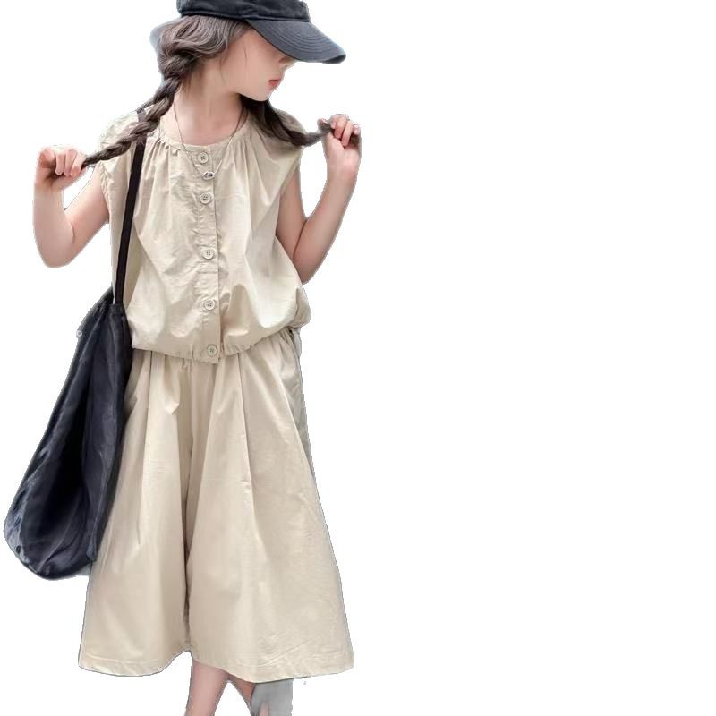 Traje de verano para niñas 2025 nuevo estilo estilo occidental, chaleco sin mangas de moda para niños grandes, pantalones anchos casuales para niños, marea