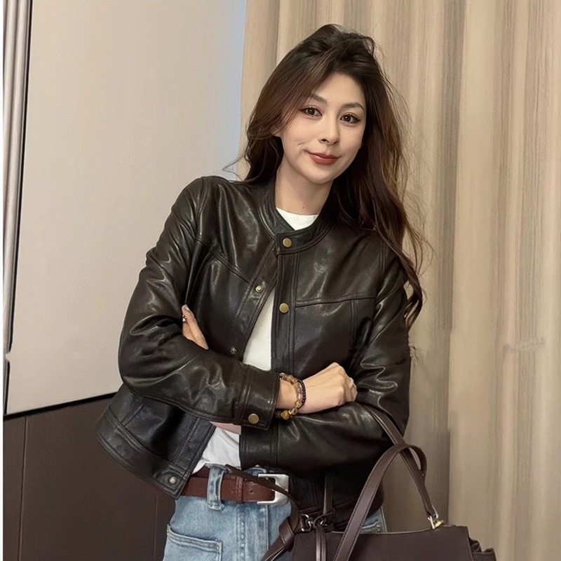 海宁2025秋季新款真皮皮衣女短款高级感圆领绵羊皮夹克植鞣皮外套|undefined